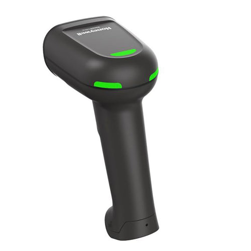 Black barcode scanner with green accents on a white background