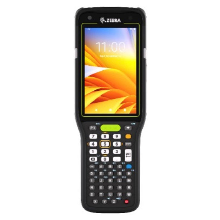 Zebra handheld device with a screen displaying time on a white background