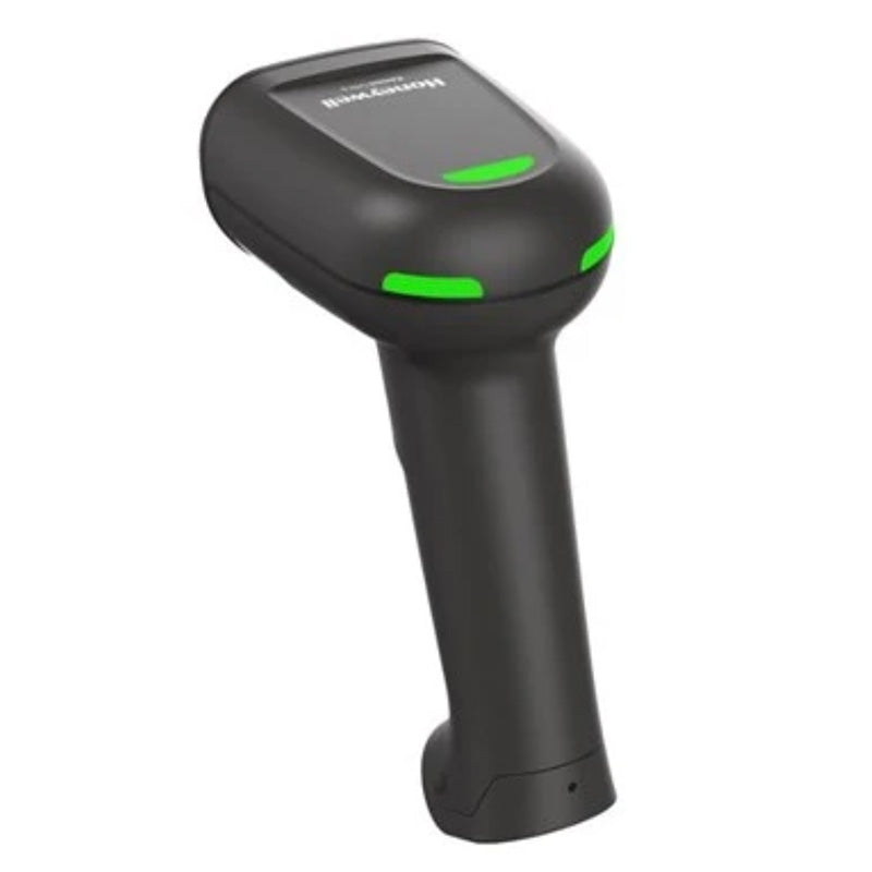 Black barcode scanner with green accents on a white background