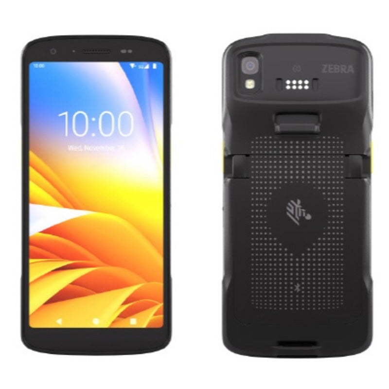 Smartphone with app on screen and Zebra-branded rugged case on white background