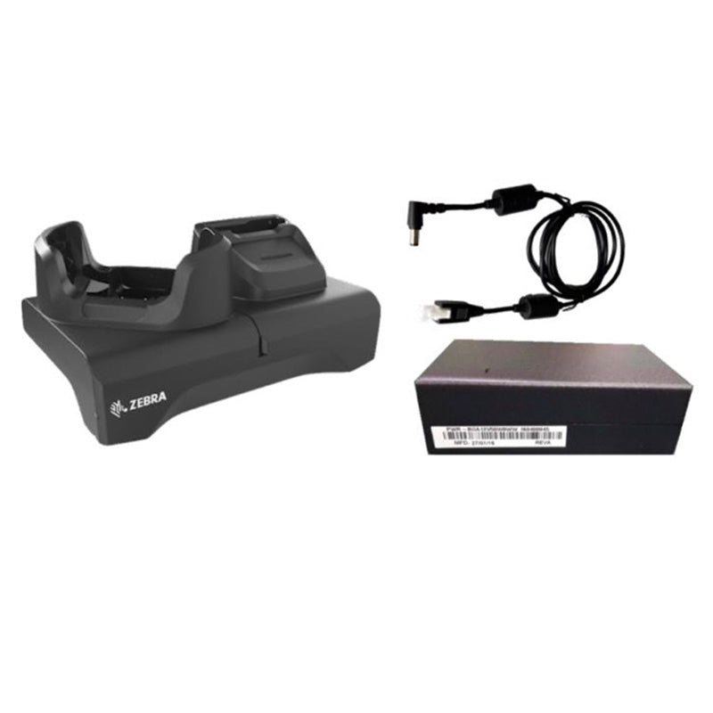 Zebra barcode scanner charging station with power cable on a white background