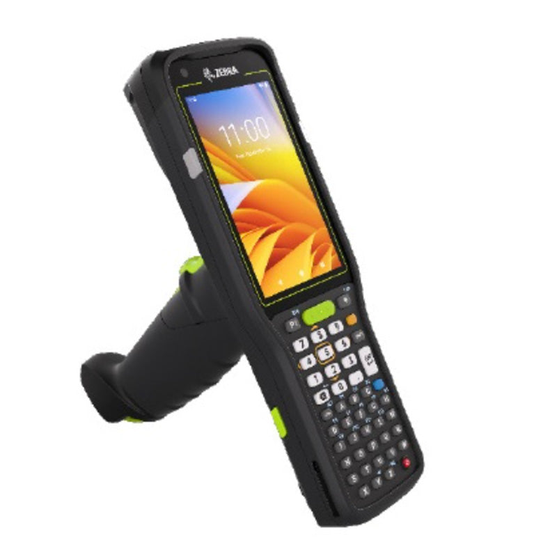 Handheld device with screen and keyboard on a white background
