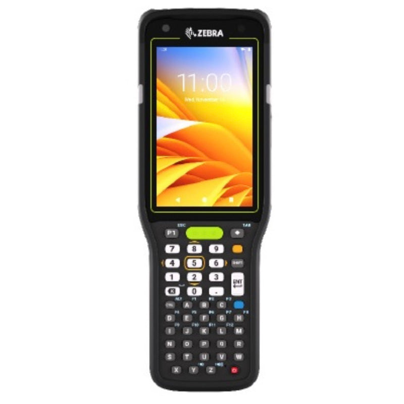 Zebra handheld device with screen displaying time on a white background
