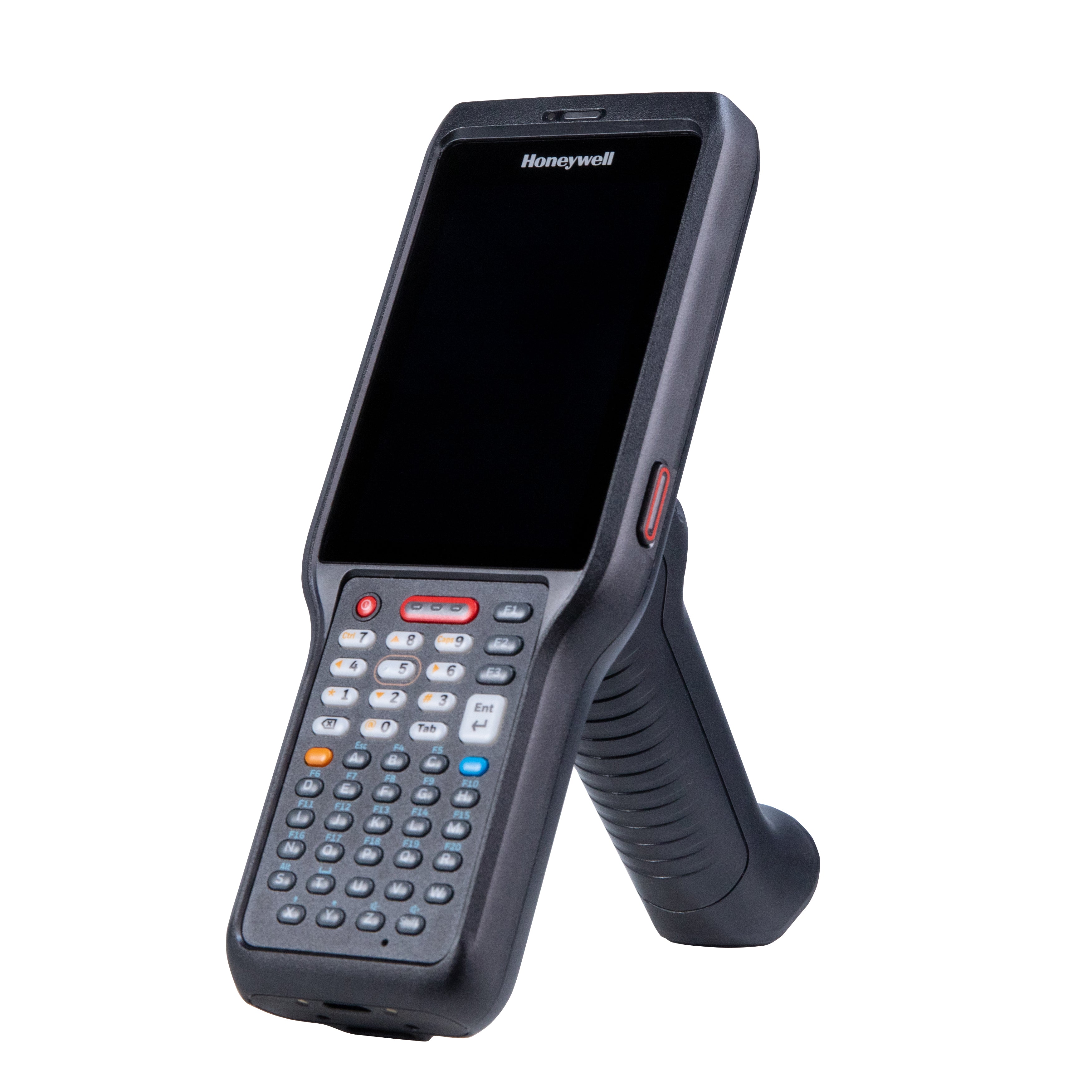 Honeywell industrial handheld device with keypad on a white background