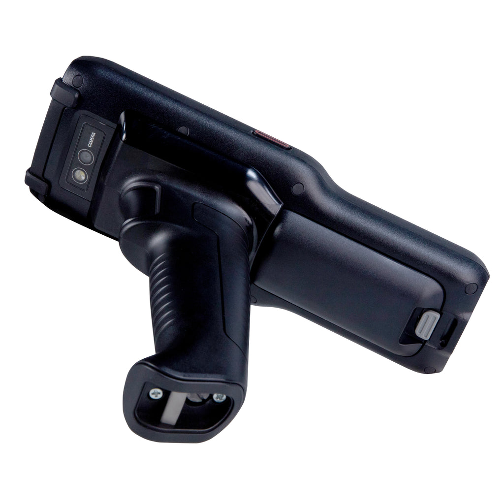 Black handheld device with a grip on a white background