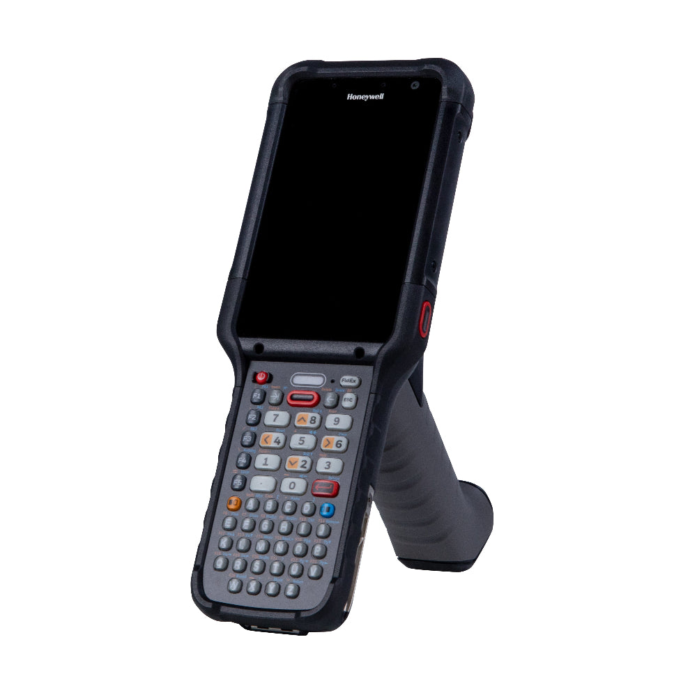 Rugged handheld device with screen and keypad on a white background