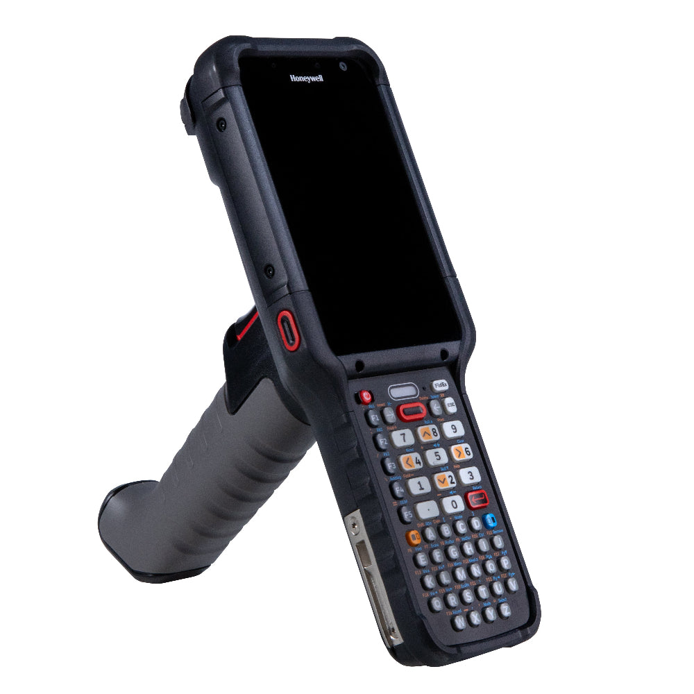 Rugged handheld device with a large screen and physical keyboard on a white background