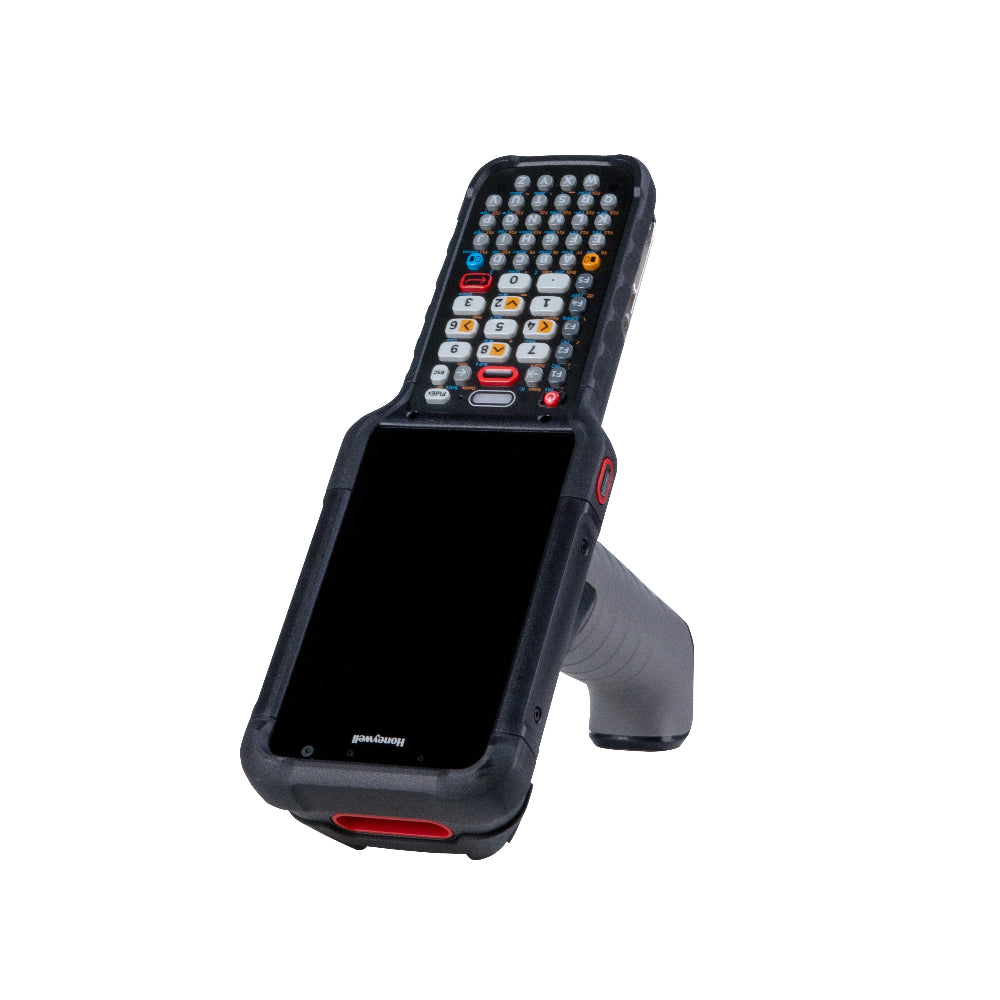 Handheld device with keypad and barcode scanner on a white background