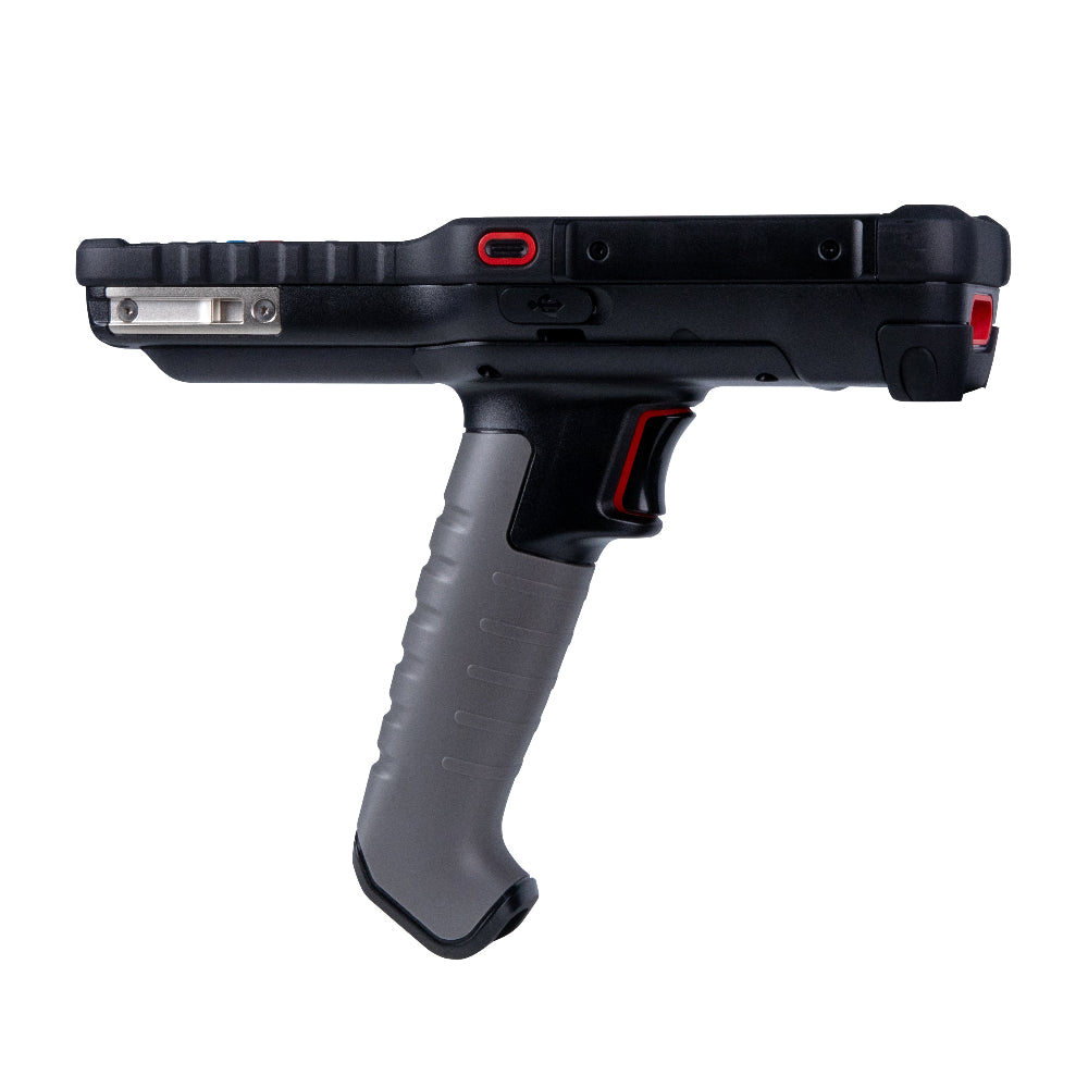 Black handheld device with a gray grip on a white background