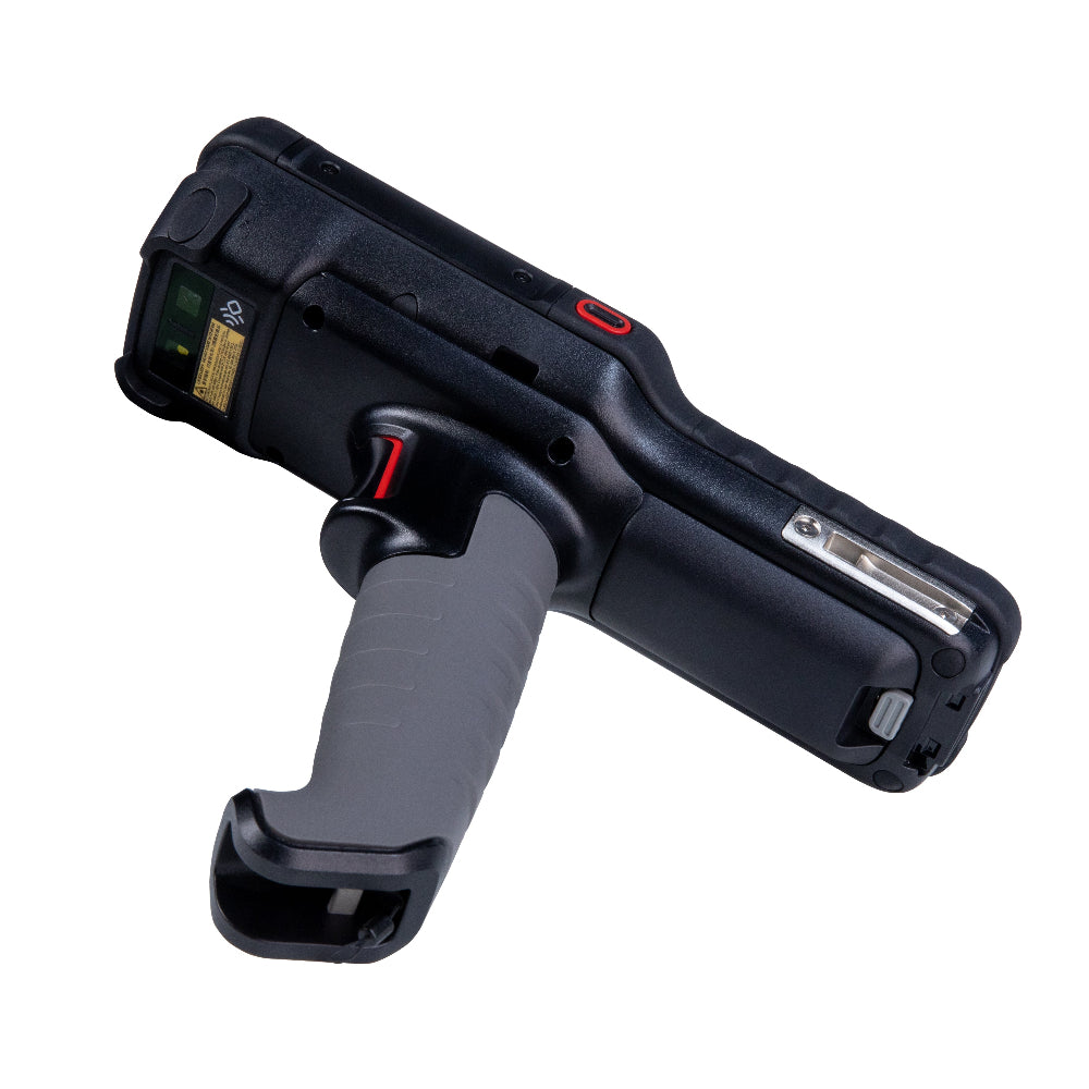 Black handheld device with a gray handle on a white background