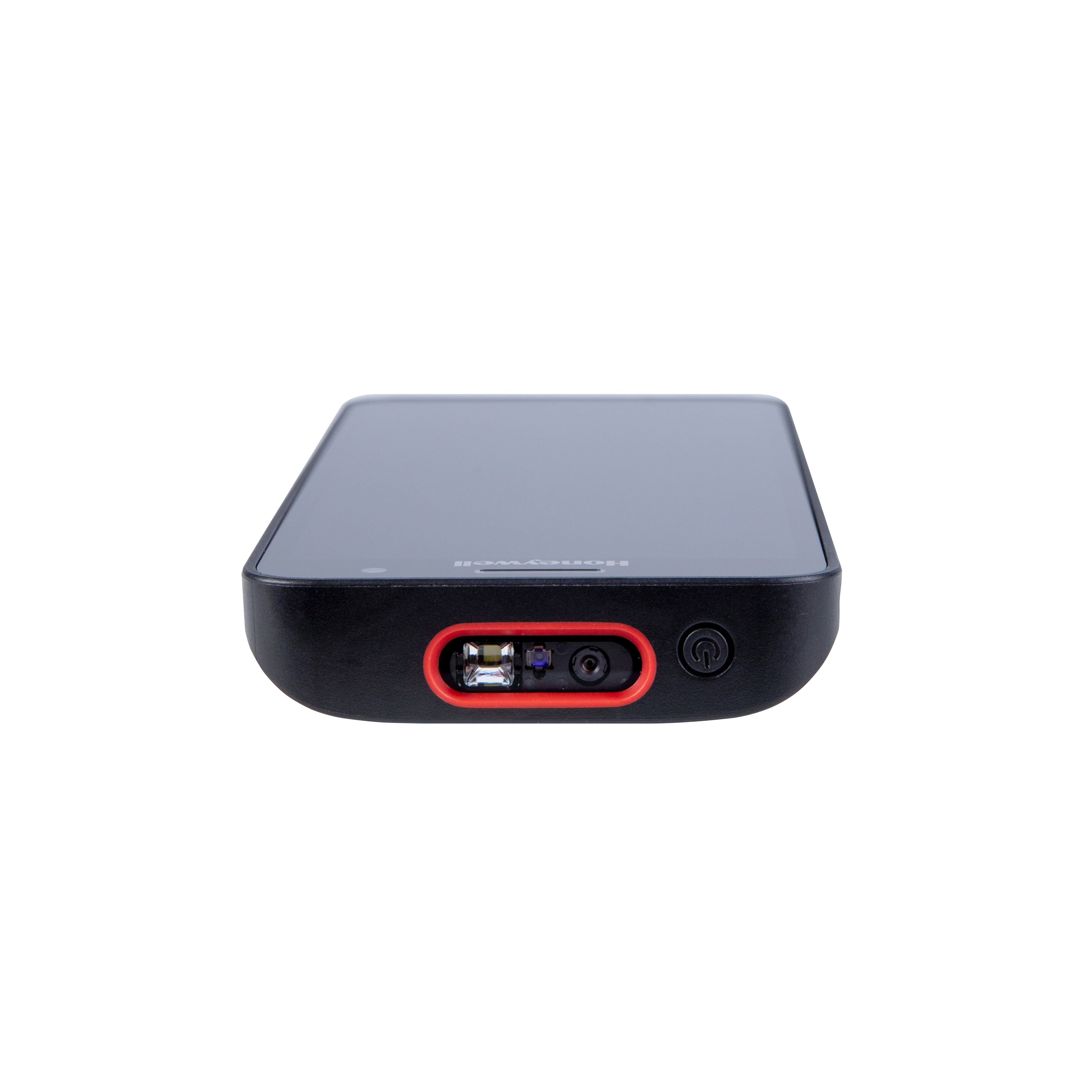 Black external hard drive with USB and power ports on a white background