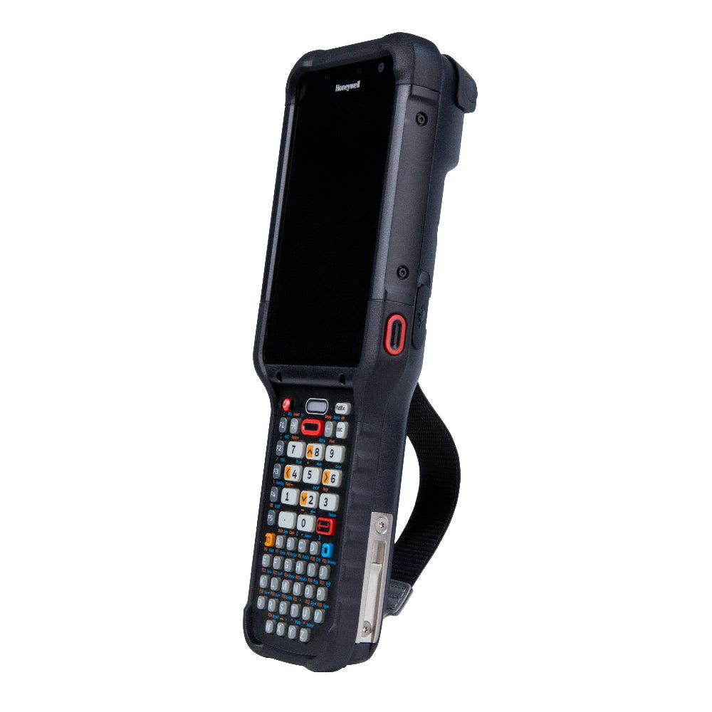 Rugged handheld device with a screen and keypad on a white background